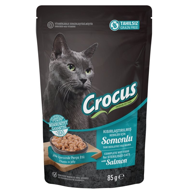 Crocus Pouch Sterilised Tahılsız Somonlu Jöleli Kısırlaştırılmış Kedi Yaş Maması 85 Gr